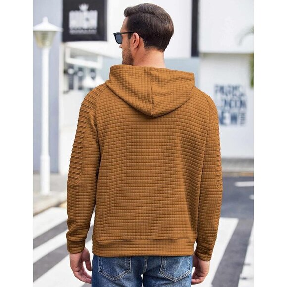 Men Yellow Pullover Casaul Long Sleeve Drawstring Waffle Knit Hooded Sweatshirt - Picture 4 of 7